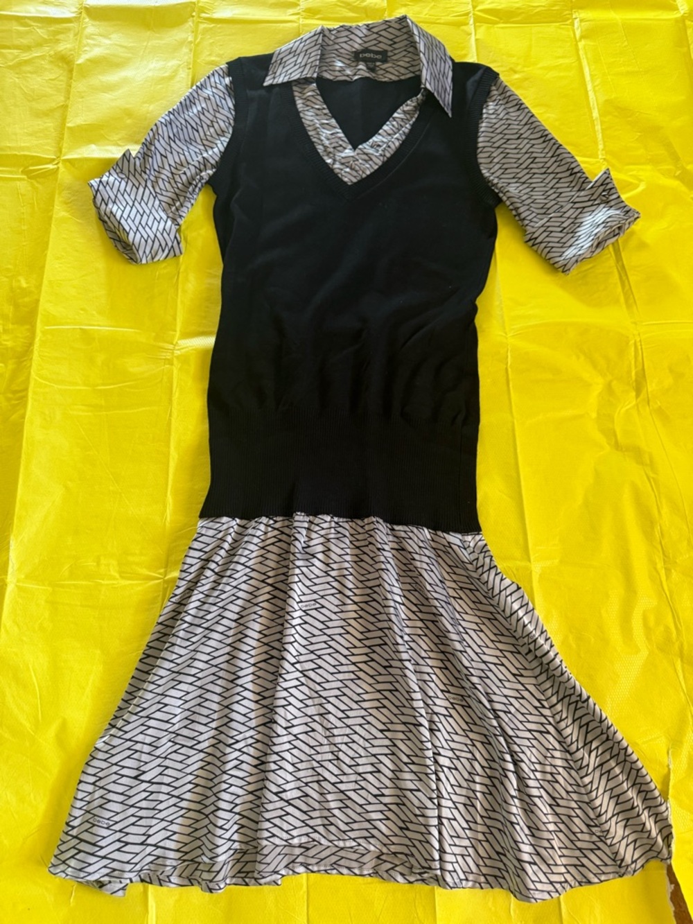 bebe Black V-Neck Sweater Dress with Black & White Pattern